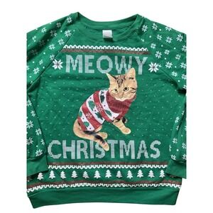 Women's L Green Ugly Christmas Sweater Yellow Cat Meow Snow Flake
